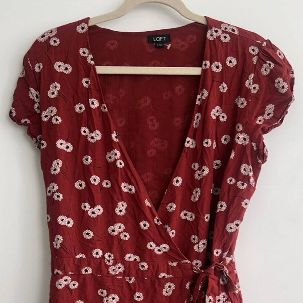 LOFT Flora Wrap Romper Dress Red, Size 4